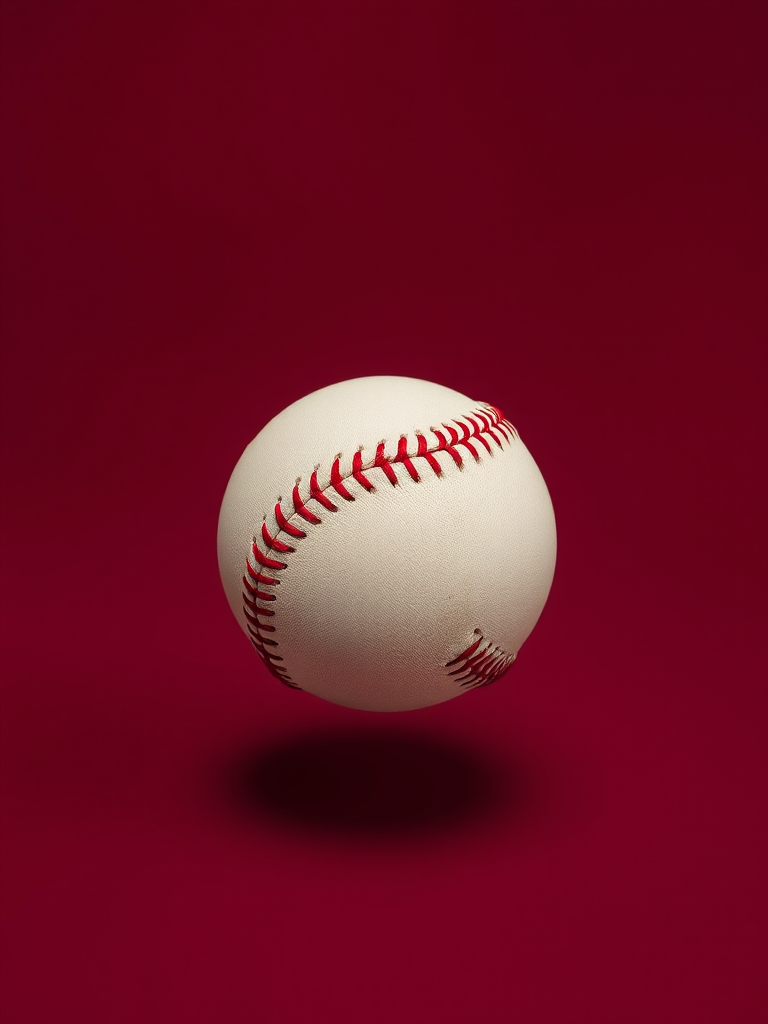 Create a high-resolution image of a baseball floating above a dark green shadow on a solid burgundy background, using a DSLR camera with an aperture of f/2.8, a shutter speed of 1/250s, and ISO 100, captured from a 45-degree angle to enhance depth and detail.