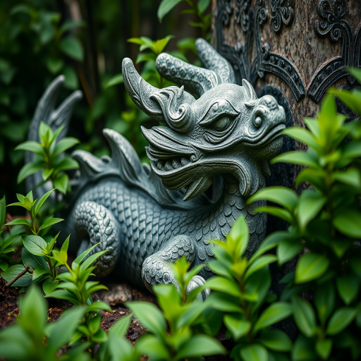 Capture a close-up shot of an intricately carved stone dragon sculpture nestled in lush green foliage, using a full-frame DSLR camera, 50mm lens, f/1.8 aperture for shallow depth of field, ISO 100 for optimal detail, with soft natural lighting to enhance textures and contrast.