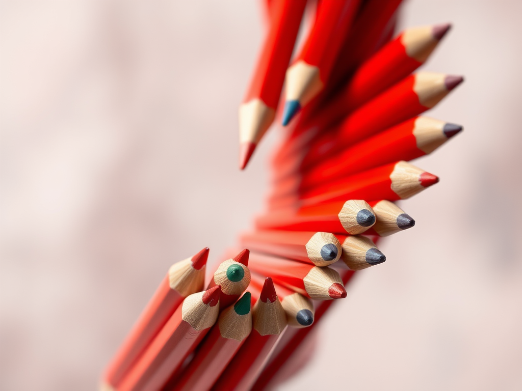Regenerate the image of red colored pencils arranged in a dynamic spiral formation, using a DSLR camera with a 50mm lens, f/2.8 aperture, ISO 100, and a shallow depth of field to create a blurred background, capturing vibrant colors and sharp details.