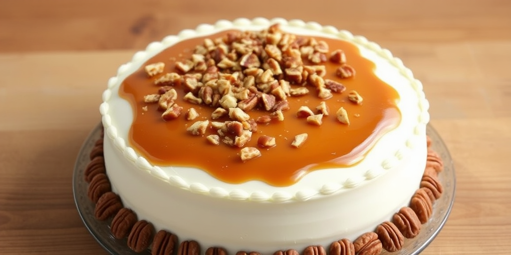 Create an image of a round cake with a smooth white frosting decorated with a caramel topping and chopped nuts on top. The cake should have a decorative piped edge on the top and a border of whole pecans around the base. The background should be a simple wooden table.
