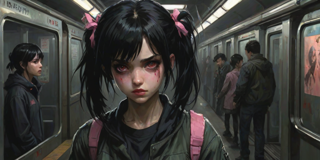 Darkness, horror, creepy, Impressionist Anime painting, metro 2033, disease, mine - type, mass - produced type, cross, slanted eyes, thick coating, twintails, ribbon, black hair, pink eyes, on metro station interior, horror movie atmosphere, dramatic light atmosphere, by Malcolm Liepke, Casey Baugh, jujin ito, and Nick Alm