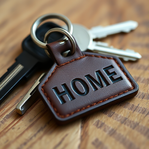 Create a high-resolution image of house keys with a leather keychain labeled "HOME" in a close-up view, using a DSLR camera, aperture f/2.8, ISO 100, shutter speed 1/100s, natural lighting.