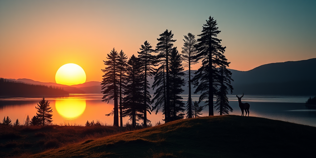 a serene landscape with a large sun setting behind silhouettes of tall pine trees and a calm lake reflecting the scene, with a deer standing on a hill, captured with a DSLR camera at f/8 aperture, ISO 100, 24mm focal length, and a wide-angle lens for enhanced depth of field and detail