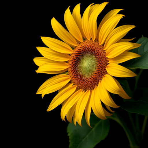Sunflower in full bloom against a black background, captured with a Canon EOS R5, 85mm lens, aperture f/2.8, shutter speed 1/200 sec, ISO 100, soft focus style, top-down view.