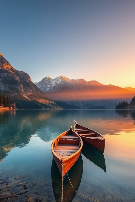 capture a serene lake scene with wooden boats in the foreground and majestic mountains in the background at golden hour, 35mm lens, f/8 aperture, ISO 100, shutter speed 1/125s, landscape orientation, DSLR camera, wide-angle view, high dynamic range imaging