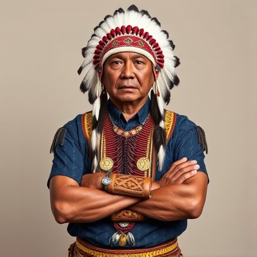 Create a dignified portrait of a Native American man dressed in traditional attire. He wears a beautifully crafted headdress adorned with white feathers and red beads, along with a beaded headband featuring intricate patterns. His clothing includes a deep blue, patterned shirt and a traditional chest piece with detailed beadwork. His arms are crossed, displaying leather armbands decorated with feathers. The background is simple and neutral, emphasizing his proud and stoic expression. The overall image captures the rich cultural heritage and strength of his persona.