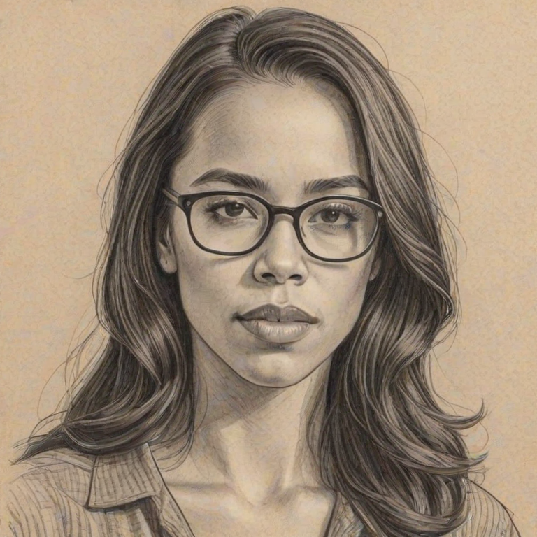 Beauteous Jessica Camacho, pencil sketch, portrait of Stunning woman 1932s in glasses, hair style beatnik, outline, clear lines, fine lines, 8k