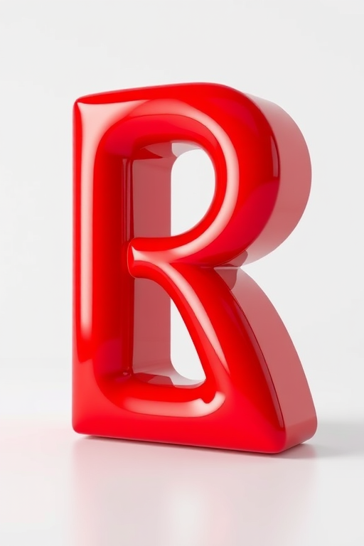 Create a high-resolution 3D rendering of a shiny, vibrant red letter "R" with a glossy finish, shot with a 50mm lens, f/1.8 aperture, ISO 100, in soft natural light, using a DSLR camera for enhanced detail and clarity.