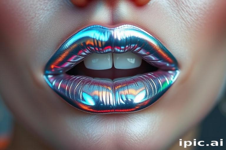 Holographic silver lips with a mirror-like shine, futuristic and eye-catching, perfect for creating an otherworldly appearance