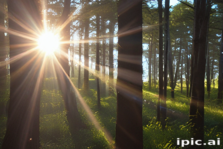 Sunlight Streaming Through Tall Trees in a Serene Forest Landscape