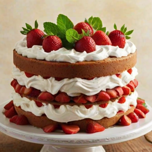 Create an image of a three-layered cake with fresh strawberries and whipped cream between the layers. The top layer should be decorated with sliced strawberries and mint leaves, set against a simple, neutral background. The cake should appear moist and inviting, with a rustic wooden table underneath.