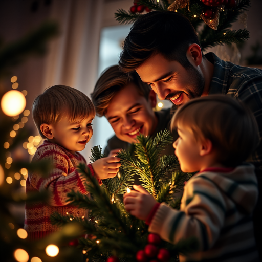 A heartwarming scene of a father with two children decorating a Christmas tree, warm ambient lighting with soft bokeh, captured with a Canon EOS R5, 50mm lens, f/1.8 aperture, ISO 400, 1/60 sec, low-angle view for intimacy and detail.