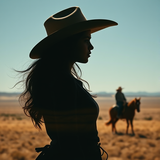"Create a Double exposure", a silhouette "profile portrait of a young cowgirl" with long hair "superimposed" against a long shot of a cowgirl riding a horse across the plains, fantastic view, 32k, cinematic, hyper-realistic.