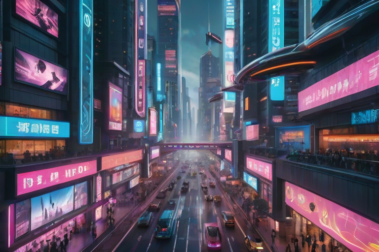 Futuristic cityscape, with sleek skyscrapers and flying vehicles, illuminated by neon lights, bustling streets filled with diverse people, and digital billboards showcasing innovative technology.