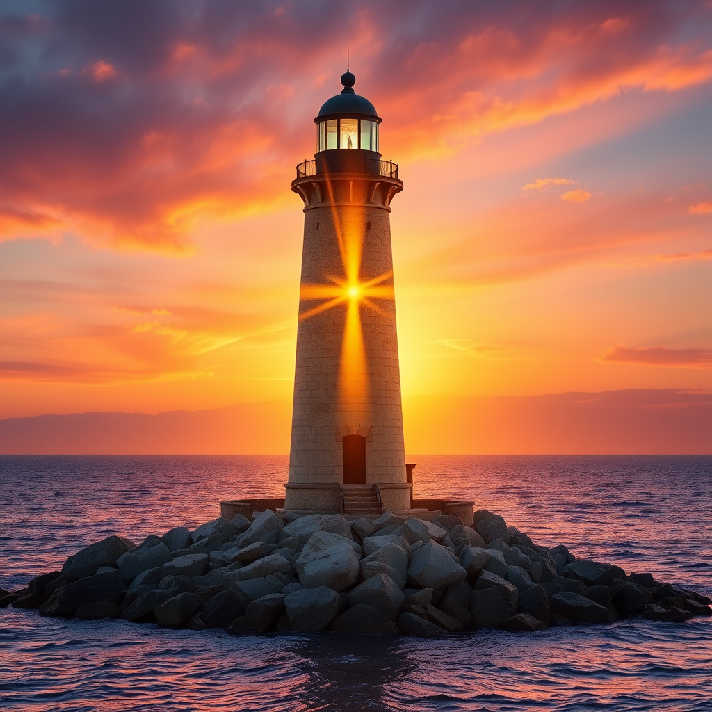 Generate an image of a tall lighthouse perched on a rocky outcrop surrounded by calm ocean waters during a breathtaking sunset. The lighthouse stands sturdy and weathered, its stone surface illuminated by the warm golden light of the setting sun. The sun's rays pass directly through the glass lantern room at the top of the lighthouse, casting a brilliant light across the scene. The sky is painted with vibrant shades of orange, pink, and purple, reflecting off the tranquil sea. The surrounding water shimmers with the same warm hues, creating a serene and majestic atmosphere.