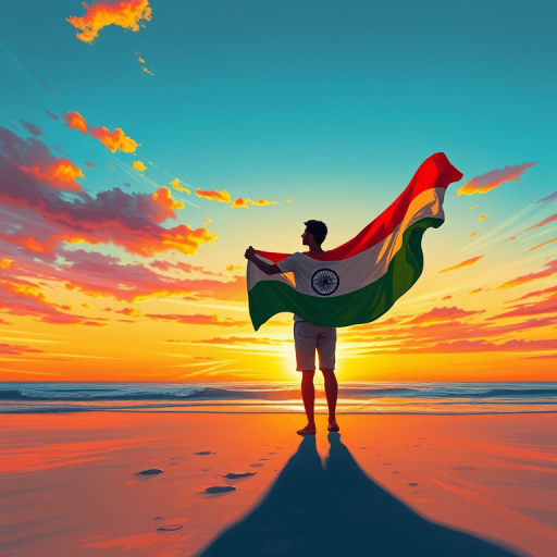 Create an illustration of a person standing on a beach, holding a flowing Indian flag, with vibrant sunset colors in the background, using a digital painting style, camera settings at f/8 aperture, 1/200 shutter speed, ISO 100, and a wide-angle lens to capture the scene in high detail.