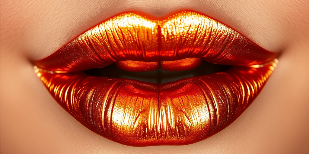 Metallic copper lips with a foiled effect, "Burnished Amber" features a high-impact metallic finish that looks like liquid metal on the lips
