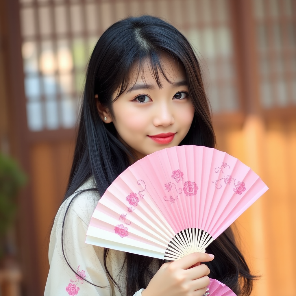 Create an image of a young woman with long black hair holding a decorative pink fan, partially covering her face, in a soft outdoor setting with wooden backgrounds and gentle lighting.