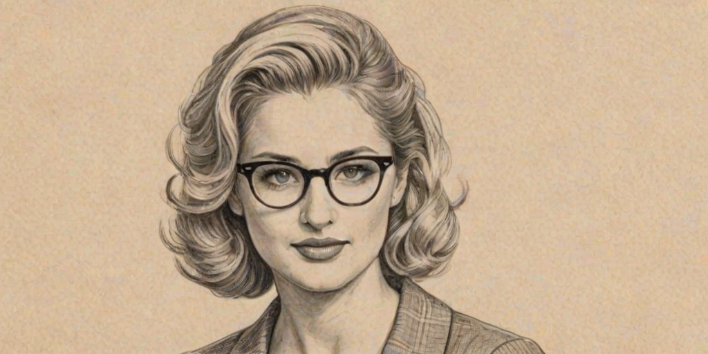 Magnificent Diana Agron, pencil sketch, portrait of Lovely woman 1947s in glasses, hair style beatnik, outline, clear lines, fine lines, 8k