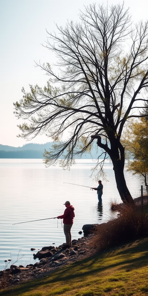 Generate a serene lakeside scene with two people fishing under a tree, captured with a DSLR camera, 50mm lens, f/1.8 aperture, ISO 100, natural lighting, soft focus on the background, high dynamic range for vibrant colors.