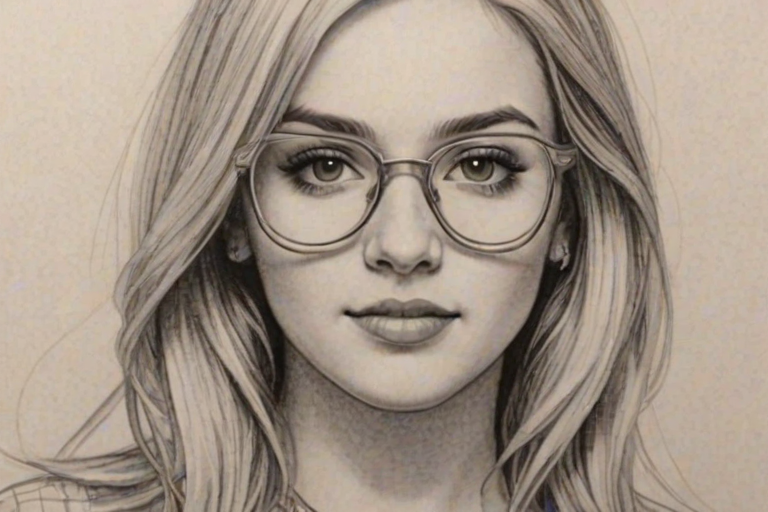 Sublime Hannah Montana, pencil sketch, portrait of Comely woman 1976s in glasses, hair style beatnik, outline, clear lines, fine lines, 8k