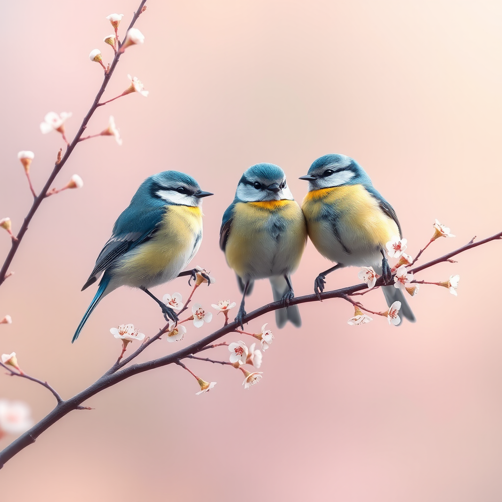 Create a high-resolution illustration of three blue tit birds perched among delicate flowering branches against a soft, gradient background, using a digital art style, with a focus on vibrant colors and intricate details, simulating a Canon EOS 5D Mark IV with a 50mm f/1.8 lens at f/2.8, ISO 100, and a shallow depth of field for a smooth bokeh effect.