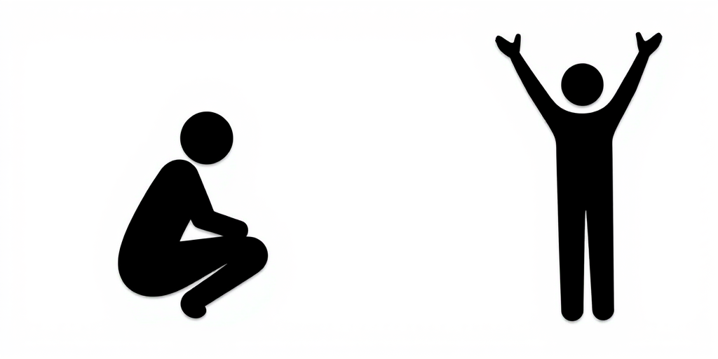 Create a minimalist black icon featuring a seated figure squatting and a standing figure with raised arms on a white background, shot with a Canon EOS 5D Mark IV at f/8, 1/250s, ISO 200 in a flat lay style, high resolution for clarity.