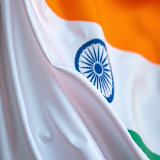 Create a high-resolution image of a silk draped Indian national flag, with soft lighting, close-up view, using a DSLR camera at f/2.8 aperture, ISO 100, 50mm lens, and captured in natural light for rich color depth and texture detail.