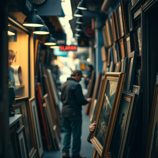 Street scene of an artist framing paintings in a vibrant art shop, natural daylight, shallow depth of field, 50mm lens, f/1.8, ISO 200, soft focus background, vintage camera style, high resolution.