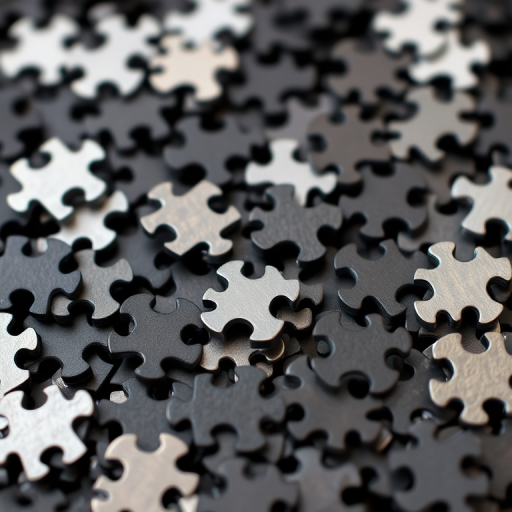 highly detailed close-up of a pile of black and silver jigsaw puzzle pieces, 50mm lens, f/2.8 aperture, ISO 100, natural lighting, shallow depth of field, DSLR camera, macro photography style