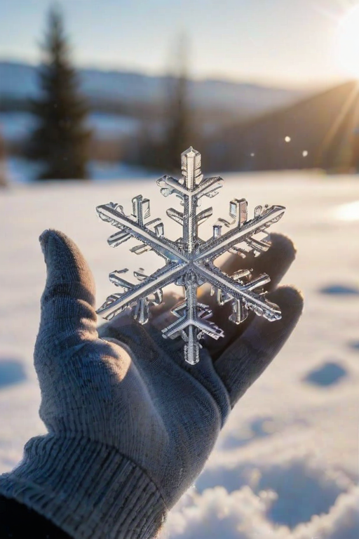 Softly focused image of a single snowflake resting on a gloved hand, delicate crystals catching the soft winter light, with a snowy landscape stretching out in the background.