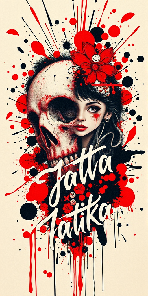 Trash polka tattoo combining bold, chaotic red and black elements with fine line script and photorealistic imagery, creating a striking contrast between abstract and realistic components