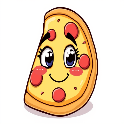 Create a cartoon-style illustration of a happy slice of pizza with expressive eyes and a smiling face, vibrant colors, isolated on a white background, using a Canon EOS R5 camera with a 50mm lens, f/2.8 aperture, ISO 100, and soft lighting to enhance details.
