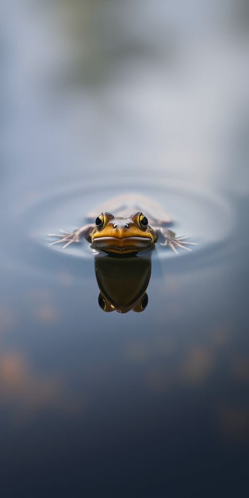frog swimming in calm water reflecting its image, shallow depth of field, ISO 200, aperture f/4, shutter speed 1/500s, captured with a DSLR camera in natural light, macro lens, low angle view