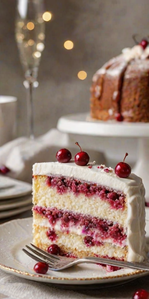 Generate an image of a slice of cake with layers of creamy frosting and cranberry filling. The top is adorned with sparkling, sugared cranberries, and the cake is presented on a decorative plate with a fork beside it. The background is neutral and textured, enhancing the focus on the cake.