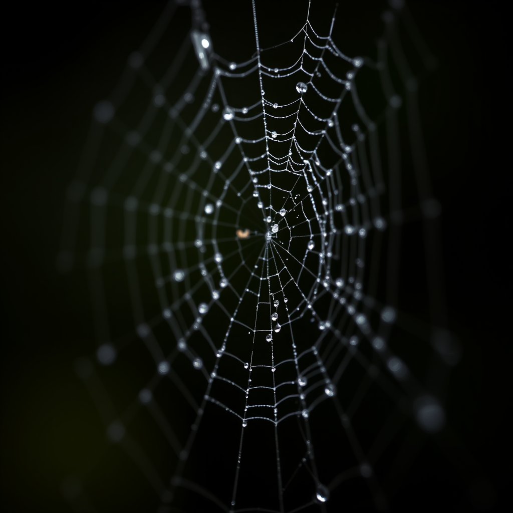 Close-up shot of a dewy spider web with a blurred dark background, taken with a DSLR camera at f/2.8 aperture, ISO 100, 1/200 sec shutter speed, in macro mode, using a shallow depth of field to enhance detail and contrast.