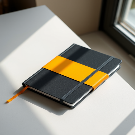 Create a high-resolution image of a closed black notebook with a yellow band in a natural light setting, using a DSLR camera with a 50mm lens, f/2.8 aperture, ISO 100, and a slight overhead angle for depth.