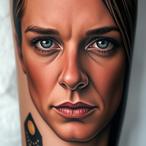 Hyperrealistic portrait tattoo titled "Timeless Gaze" capturing every nuance and detail of a human face with photographic precision. Subtle gradients and expert shading techniques bring depth and dimension to the skin, eyes, and hair. The play of light and shadow creates a lifelike quality that seems to breathe on the skin.