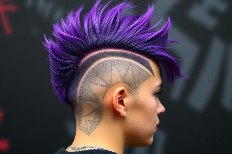 Edgy undercut with vibrant purple mohawk, featuring shaved sides with intricate geometric patterns, showcasing bold self-expression and artistic flair