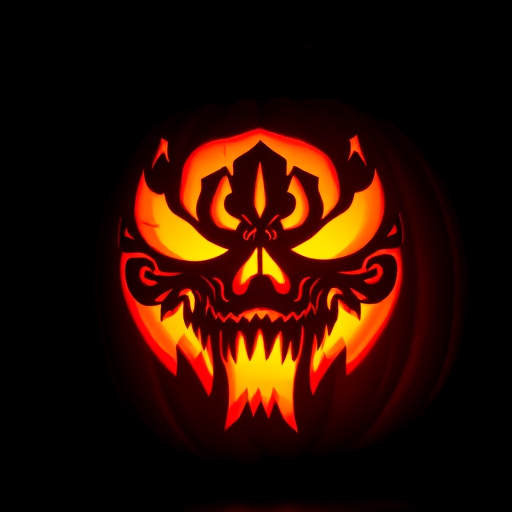 Generate an image of a carved pumpkin with an intricate, menacing face illuminated from within, set against a dark background, with a 50mm lens, f/1.8 aperture, ISO 200, and a soft focus style to enhance the glow and texture details of the pumpkin.