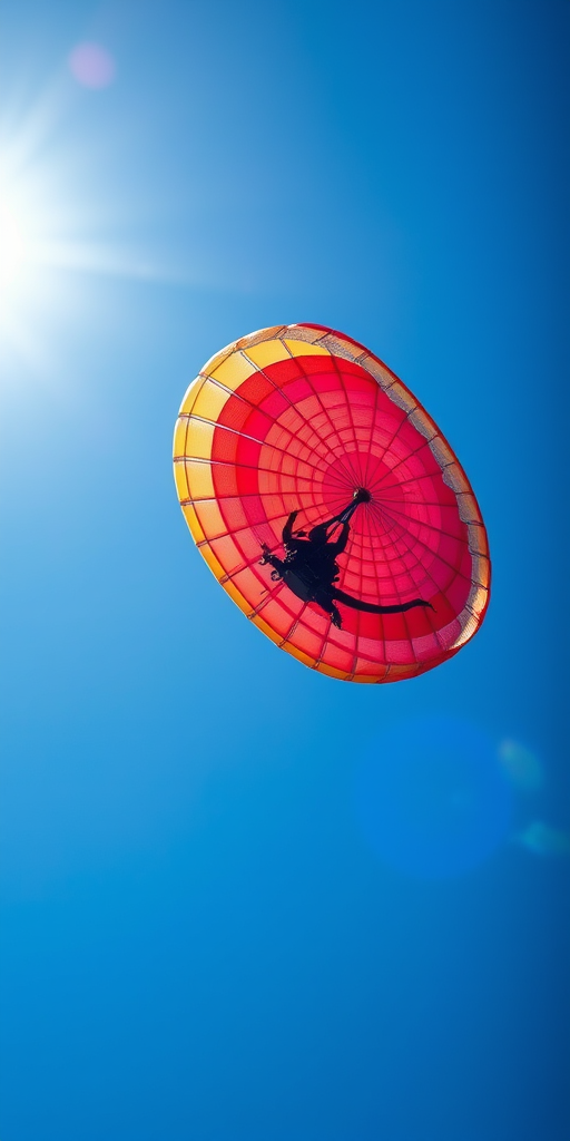 Capture a high-resolution image of a paramotor in flight against a bright blue sky, using a 50mm lens at f/2.8, ISO 100, shutter speed 1/500s, from a low angle perspective with a cinematic style for vibrant colors and clarity.