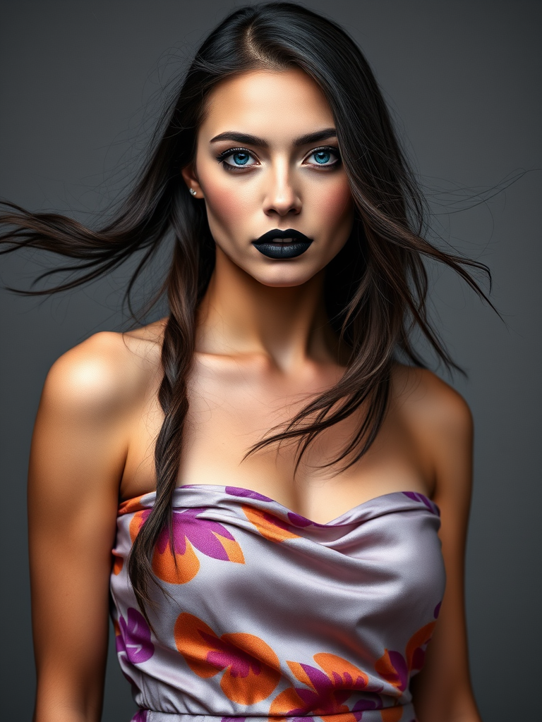 Photographic image of a beautiful young Native American woman, blue eyes, lips with black lipstick, long hair fluttering in the wind and wearing a silk strapless dress with a soft purple and orange print. monochrome image with only color highlights in the iris of the eyes, lipstick and dress. Gray background.
