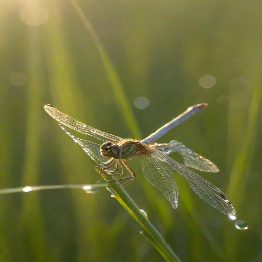 Sharp, detailed close-up of a dragonfly perched on a blade of grass, soft sunlight reflecting off its delicate wings, tiny dewdrops clinging to the grass, and the feeling of a quiet, early morning in nature.