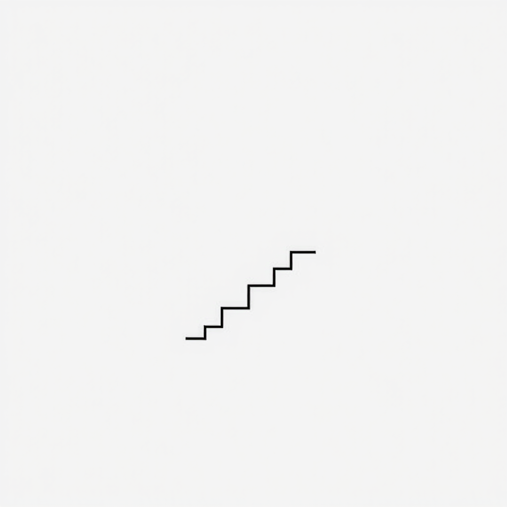 Create a minimalist black and white icon of a zigzag staircase on a plain background, using a Canon EOS R5 camera with a 50mm f/1.2 lens, ISO 100, aperture f/8, and a shutter speed of 1/200 sec for sharp detail and contrast.