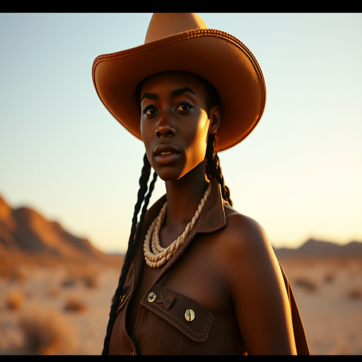 Dramatic photo of a beautiful Afro-Caribbean woman, classic cowboy attire, confident and free spirit expression, half-length portrait, centered, golden hour desert landscape, warm, diffused light, low angle, medium format film camera, in style of Annie Leibovitz.