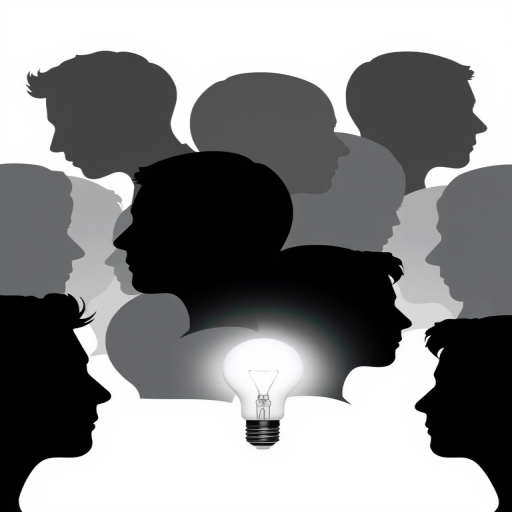 Create a high-contrast illustration of overlapping silhouette profiles of human heads in various shades of gray, with a bright light bulb centered in the foreground, shot with a DSLR camera at f/5.6, 1/125 sec, ISO 100, in a shallow depth of field to enhance detail and clarity, using a top-down view and minimalist style.