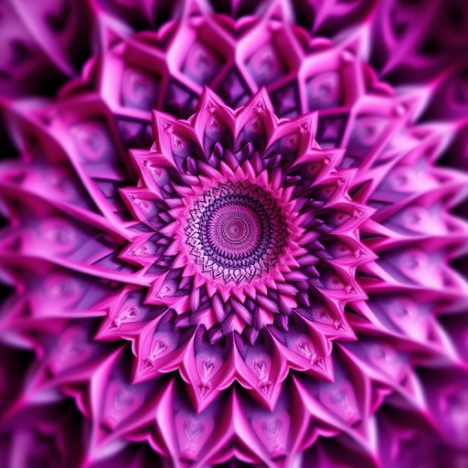 High-resolution fractal design with intricate spiral patterns and triangular shapes, vibrant pink and purple color palette, depth of field focus, 4K resolution, wide-angle lens, DSLR camera, ISO 100, aperture f/8, shutter speed 1/125s.