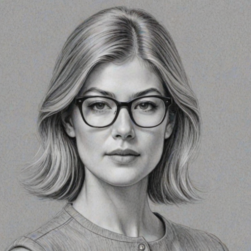 Fascinating Rosamund Pike, pencil sketch, portrait of Appealing woman 1964s in glasses, hair style beatnik, outline, clear lines, fine lines, 8k