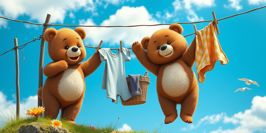 A cute scene of two cartoon bears hanging laundry on a clothesline with a basket of clothes nearby, bright blue sky with fluffy clouds, soft focus, DSLR camera, 50mm lens, f/2.8 aperture, ISO 100, daylight setting, vibrant colors.
