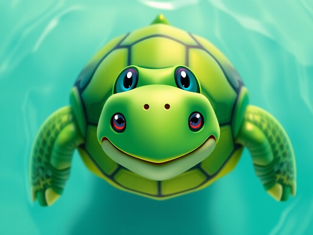 Create a vibrant cartoon-style image of a cheerful green turtle with a hexagonal shell pattern, overhead view, captured with a DSLR camera at f/2.8, 1/250s shutter speed, ISO 100, using a macro lens.